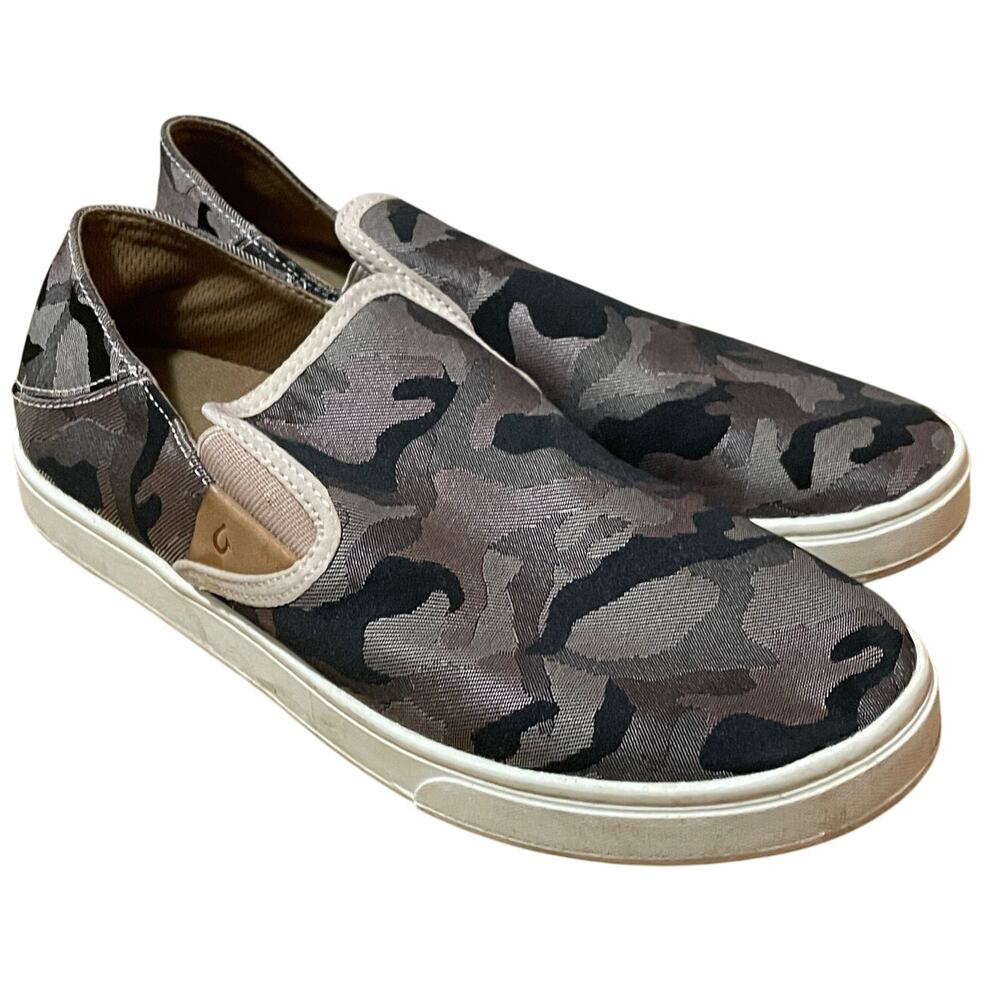 OluKai Pehuea Pa'i Women's‎ 9 Grey Black Camo Slip On Sneakers 20360-6QKE
